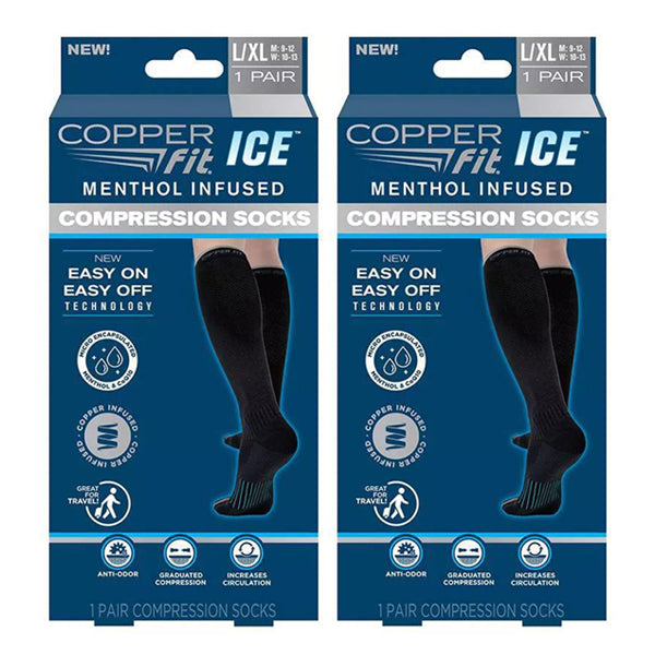 Two boxes of Copper Fit womens Ice Menthol Infused Compression Socks, size L/XL, offer compression for comfort and increased circulation.